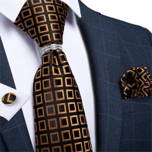 DiBanGu Mens Silk Wedding Tie Gold Black Neckite For Men Novelty Design Fashion Bussiness Party Tie Hanky Cufflinks Ring Set