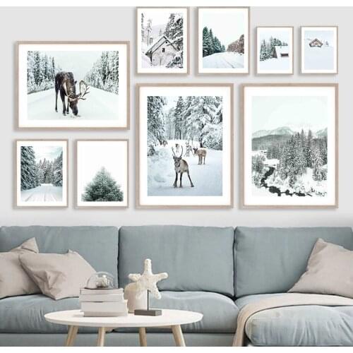 Snow Mountain Elk Pine Tree Snowfield Wall Art Canvas Painting Nordic Posters And Prints Wall Pictures For Living Room Decor