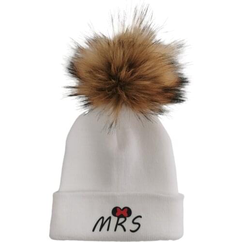 Newborn infant MRS MR printed babyraccoon Faux Fur pompom hat cap for girl and boy kids beanies casual skullies