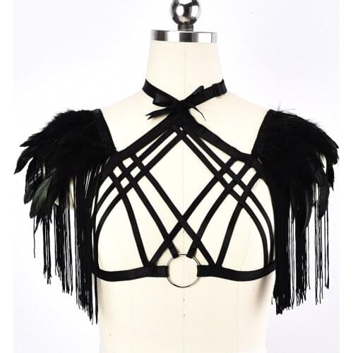 Wholesale Body Harness Belt Neck Bow Collar Hollow Bra Tassel Feather Sexy Lingerie Bondage Body Top Cage Goth Harness Woman Bra