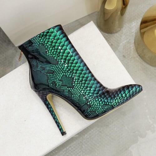 Sexy Woman Python Patent Leather Ankle Boots Thin High Heel Pointed Toe Motorcycle Boots Ladies Night Club Stage Boots Plus Size