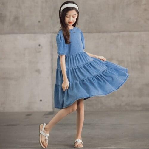 Girls Dress Teen Denim Dress 2021 New Kids Summer Dress Thin Soft Ruffles Kids Clothes Casual Puff Sleeve Cotton,#6225