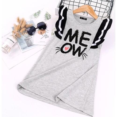 Girls Front Cartoon Letter Print Princess Dress Summer Child Baby Kids O Neck Sleeveless Ruffle Armhole Gray A-line Dress New