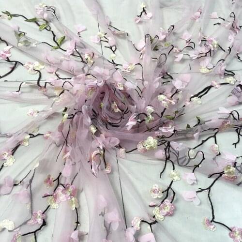 GLace 1M/lot 3D chiffon flower plum embroidered transparent mesh fabric for women dress cloth accessories TX1352