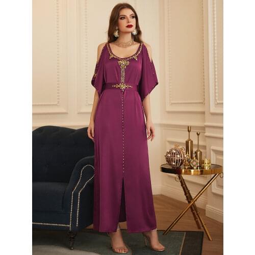 Ramadan Abaya Dubai Dress Women Caftan Marocain Diamond Hijab Long Robe Abaya Muslim Off-the-shoulder Evening Dress Vestido Traf