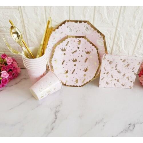 Pink And Gold Decorative Disposable Tableware Set Paper Towel Paper Plate Paper Cup Birthday Party Festival Celebration