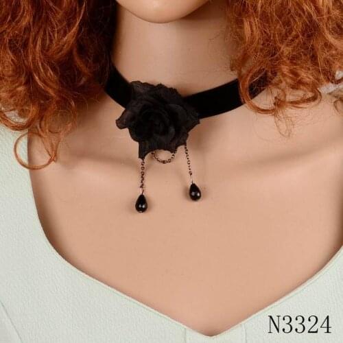 Sexy Black Lace Choker Necklace for Women Fashion Teardrop Bead Pendant Chain Flower Charm Necklace Jewelry Wholesale
