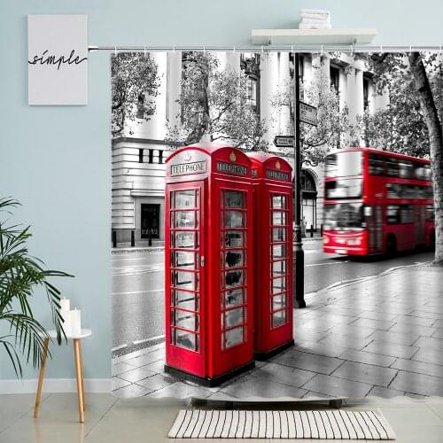Retro Architecture Scenery Shower Curtain Red Bus Bridge London City View Home Bathroom Bathtub Waterproof Curtains With Hooks