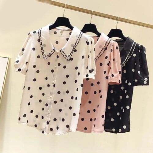 Polka dot printed chiffon shirt womens plus size 2021 summer new style Korean fashion retro short-sleeved loose casual shirt