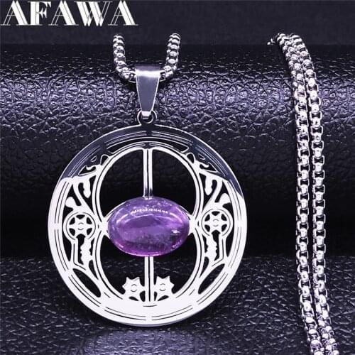 Witchcraft Hexagon Flower Natural Purple Crystal Stainless Steel Chain Necklaces Women/Men Jewelry collier femme N4343S02