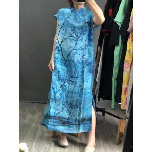 Women Loose Qipao Dress Print Retro Loose Short Sleeve Summer Elegant Dress Female VIntage Printed Dress 2018 Summer