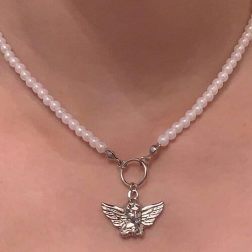 JUST FEEL Y2K Pearl Cupid Angel Necklace for Women Metal Vintage Harajuku Pendant Necklace Fashion Jewelry Friendship Gifts