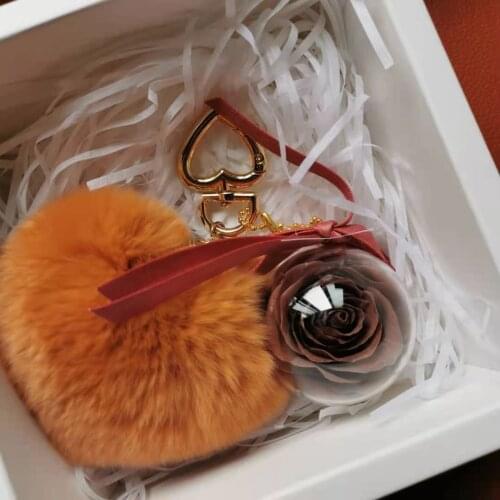 1pcs/3-4CM Grade A Flower Head,Eternal Real Rose Cony Hair Heart-shaped Keychains,Valentines day New year wedding Party Gift