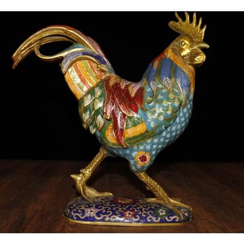 13"Chinese temple collection Old Bronze Cloisonne Filigree Enamel Big rooster statue Golden Rooster Welcomes Spring Lucky