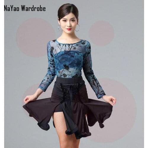 2020 New 7001 Latin Dance Dress Women Long Sleeve Tops and Black Skirt Dancing Performance Dress for Ballroom Samba Tango