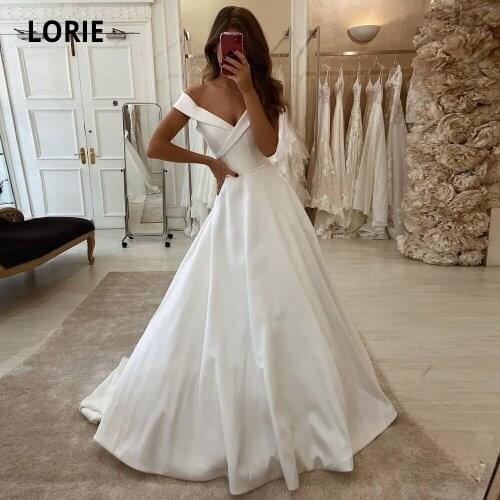 LORIE Off the Shoulder Satin Wedding Dresses 2020 V-neck Off the Shoulder Bridal Gowns Princess Beach Wedding Gowns Plus Size