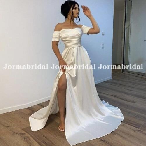 Front Slit Boho Satin Wedding Dresses Sweep Train Off The Shoulder Short Sleeves Summer Beach Bridal Dress robes de mariage