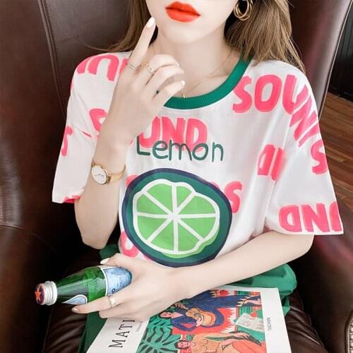 White Short-Sleeved T-shirt Womens Clothing Ins Trendy 2021 New Short High Waist Lemon Top Clothes Summer Korean Style Loose