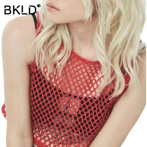 BKLD New Arrival 2018 Women Summer Fashion Sleeveless Casual Loose Beach Crop Top Sexy Hollow Out Fishnet Crop Tank Top Big Mesh