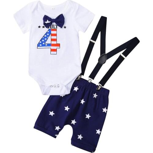 Independence Day Baby Boys Outfit Summer Creative Star Number Printing Short Sleeve Romper with Bow Tie + Suspender Trousers