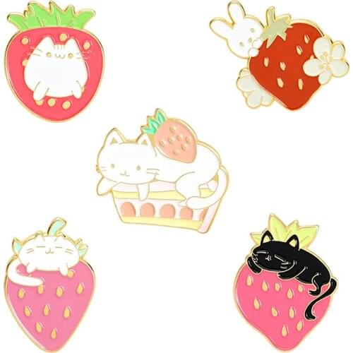 Sweet Strawberry Garden Enamel Pins Custom Cat Bunny Fruit Cake Brooches Shirt Lapel Badge Bag Cartoon Jewelry Gift for Kids