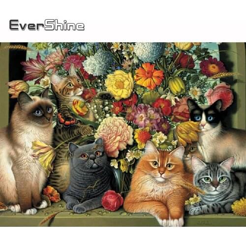 Evershine Diamond Painting Beads Cat Diamond Mosaic Flower Diamond Embroidery Crystal Full Round Drill Diamond Embroidery Decor