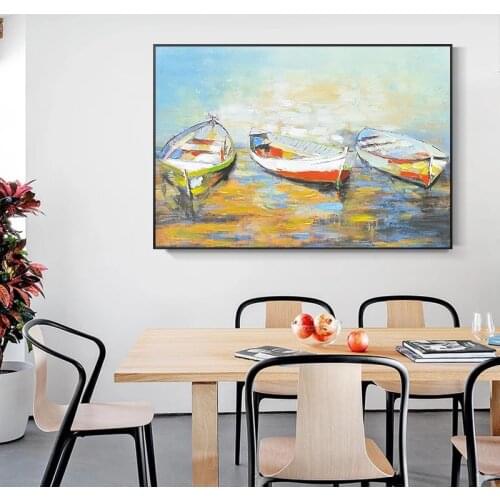 Artist Hand-painted High Quality Fashion Colors Abstract Boats Acrylic Painting Beautiful Knife Painting Boat Picture for Wall