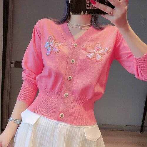 Sequined Sun Flower Cute Cardigan 2021 Autumn New Thin Knit Cardigan Cropped Tops Chic V Neck Single Breasted Short Sweater Coat