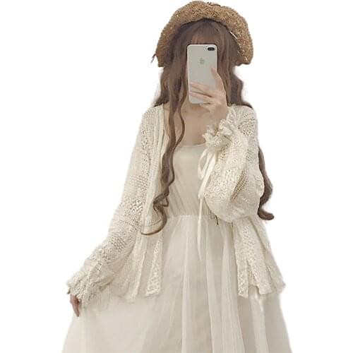 New Summer Women Lolita Cardigan Kawaii Mori Girtl fairy Lace Shirt Female Cute Sweet Lantern Sleeve Bow Elegant Kint Tops