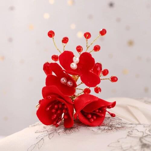 Classic Chinese Red Flower Bride Hair Pins Hair Jewelry Women Hairpin Bride Toasting Clothing Wedding Hair Accessories BN