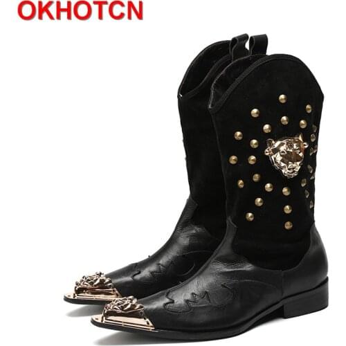 Leather Casual Carved Mens Cowboy Boots High Warm British Knight Boots Slip On Rivets Korean Point Iron Toe Mens Knee High Boots