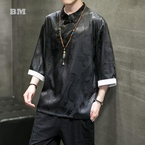 Summer Chinese Style Plus Size Stand T Shirt 2021 Ice Silk Dragon Jacquard Short Sleeve Casual Oversized Tops Hanfu Men Clothing