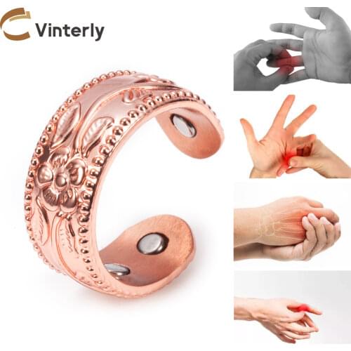 Flower Magnetic Rings Pure Copper 9mm Adjustable Open Cuff Ring Men 4pcs Magnets Health Energy Rings for Arthritis Pain Relief