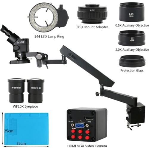 3.5X-90X Zoom Simul Focal Trinocular Stereo Microscope + Industrial 1080P HDMI VGA Video Camera + Articulating Arm Pillar Clamp