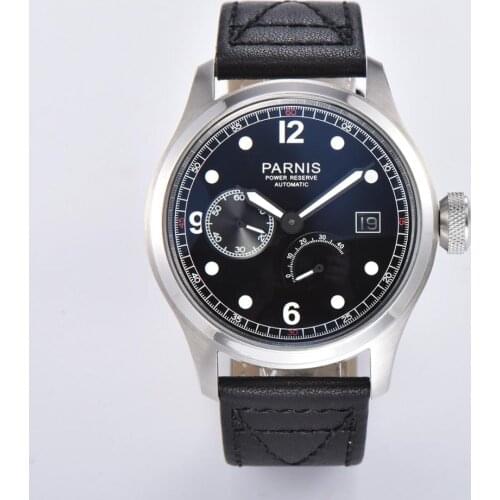 PARNIS 47mm New Stainless case blac dial power reserve date Luminous automatic WATCH Leather strap ST 2530 mechanical mens watch