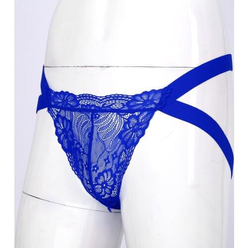 Men See-Hollow Through Lace Bulge Pouch G-String Elastic Waistband Jockstrap T-Back Low Waist Thongs Sexy Exotic Sissy Underwear