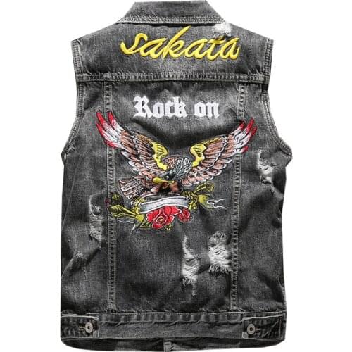Mens Eagle Embroidery Ripped Denim Vest Streetwear Letters Embroidered Gray Waistcoat Sleeveless Tank Top