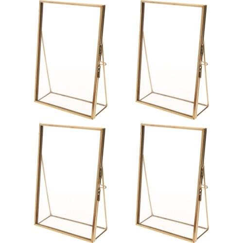 Set of 4 Antique Brass Glass Family Photo Picture Frame Portrait Home Decor Gift Displaying Photo Picture Pressed Leaves