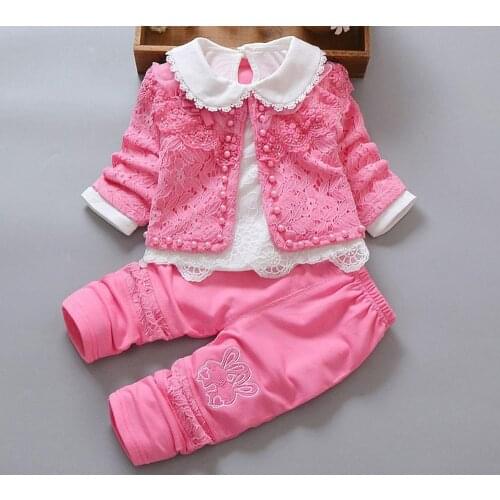 New Spring Autumn baby girls 3 pcs sets kids newborn white lace t shirt tops +flower coat jackets+trousers 0-2Y Party Gifts