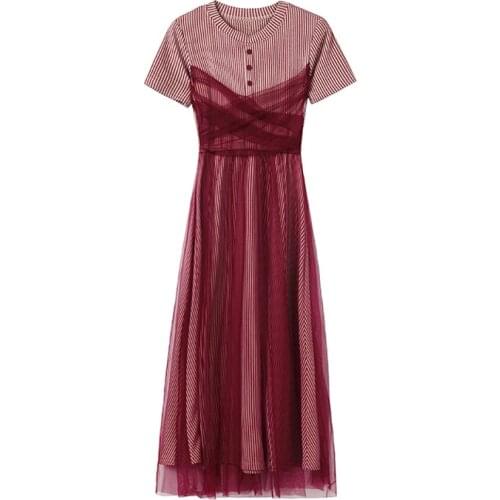 PERHAPS U Red O Neck Short Sleeve Midi Dress Empire Summer Elegant Wrap Mesh D1742