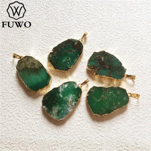 FUWO Wholesale Natural Chrysoprase Free Shape Pendants Gold Trim Coarse Semi-precious Stone For Jewelry DIY Making PD002