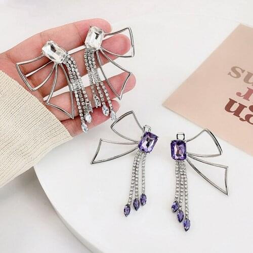 Luxury Crystal Butterfly Clip Earrings Clear Purple Rhinestone Tassel long Earrings for Women fake Piercing Clip on Earrings