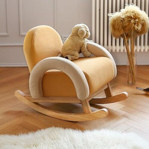 TT Hanzhe Nordic Childrens Rocking Chair Recliner Balcony Light Luxury Fabric Leisure Chair Household Solid Wood Rocking Chair