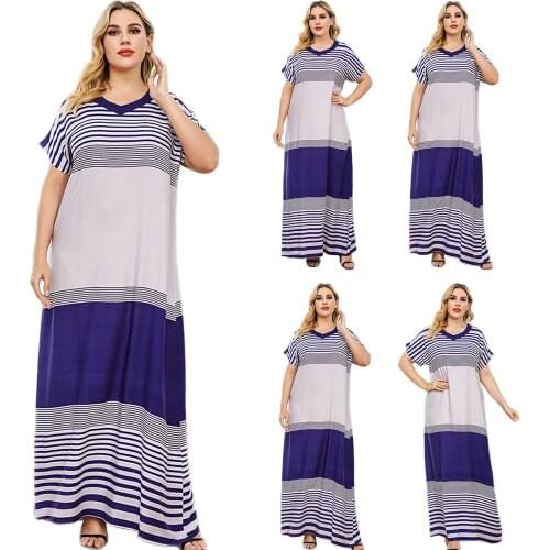 Dubai Kaftan Casual Loose Stripes Long Dress Muslim Ramadan Islamic Summer Vestido Maxi Robe V-neck Turkish Short Sleeve Dresses