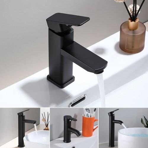 Black Stainless Steel Tall Basin Sink Faucet Slim Bathroom Washbasin Water Tap Cold and Hot Water Mixer Bathroom Basin Tap