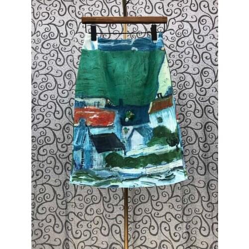 2021 Summer Fashion Skirt High Quality Women Vintage Painting Prints Beading Deco Mid-Calf Length Casual Skirt Club Party Wear