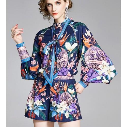Womens spring autumn long lantern sleeve vintage print shirt female high waist casual shorts girls summer 2 pieces set TB739