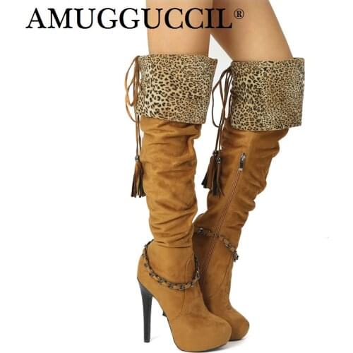 2021 New Plus Big Size 34-52 Brown-yellow Zip Lace Up Sexy Thigh High Heel Platform Over The Knee Autumn Winter Women Boot X1776