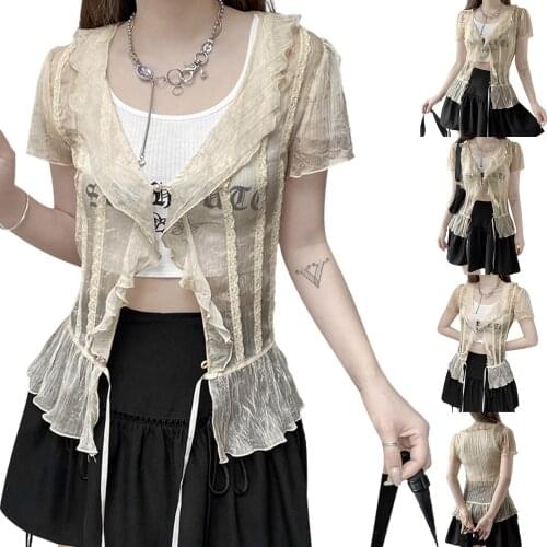 Summer Fashion Casual Womens Button Down Tops, Sexy V Neck Short Sleeve Solid Color Sheer Mesh Ruffle Shirts