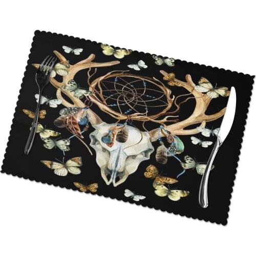 6 PCS Placemat Dream Catchers Cow Skull With Butterfly Black Fabric Table Mats Tableware Kitchen Tool Table Mats